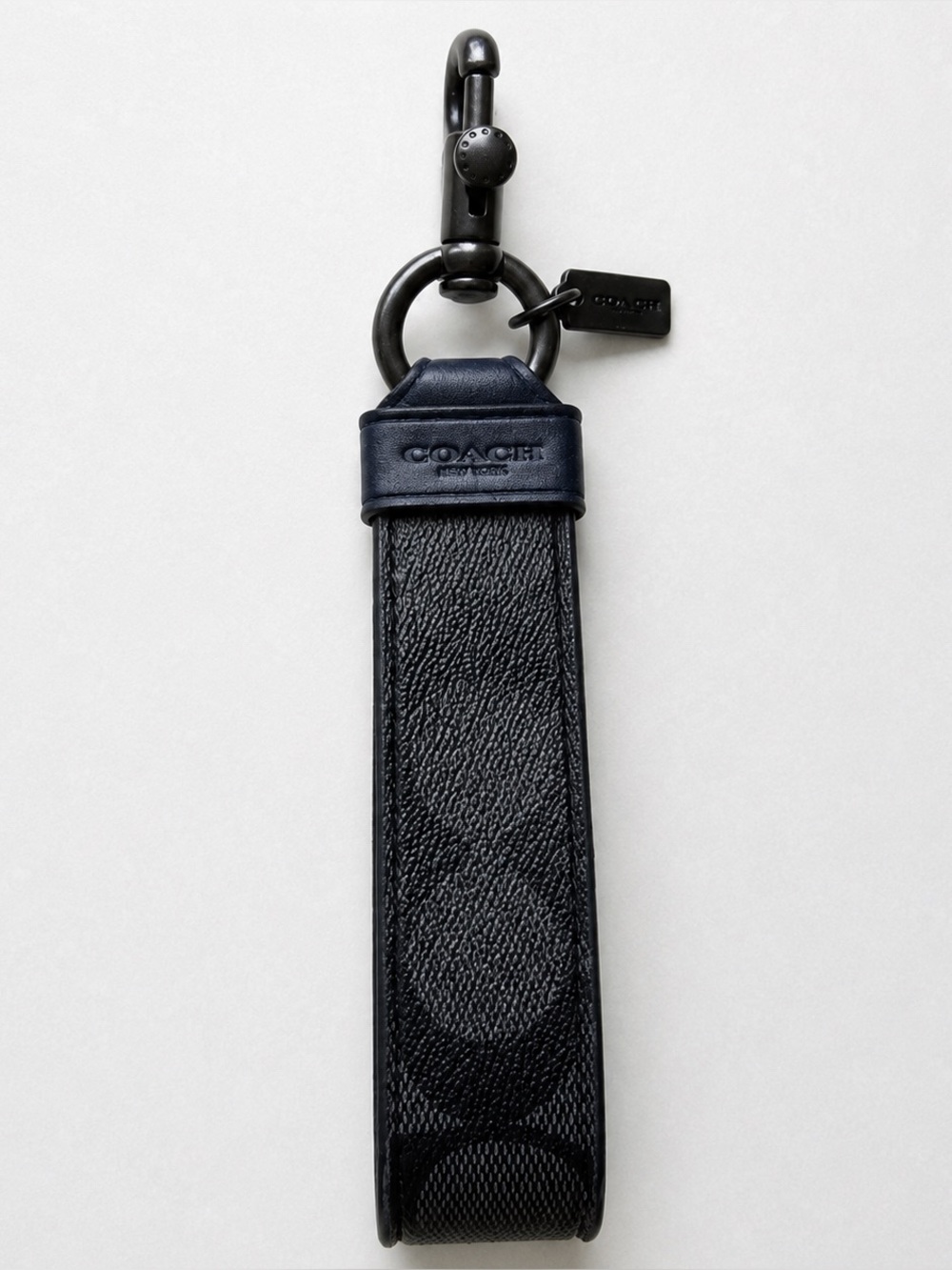 Coach New York Black Navy Signature Canvas & Leather Wristlet Strap Key Fob